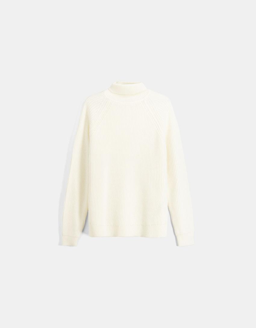 Pull col roulé épais laine mélangée-Blanc-4