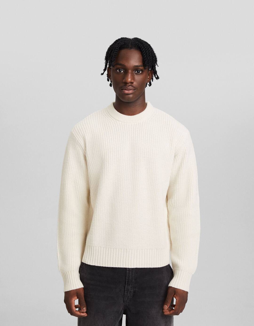 Textured crew neck wool blend sweater