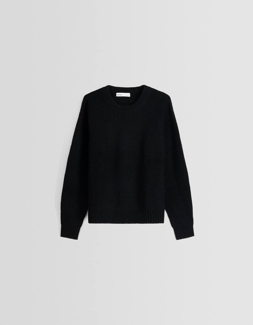 Textured crew neck wool blend sweater-Black-4