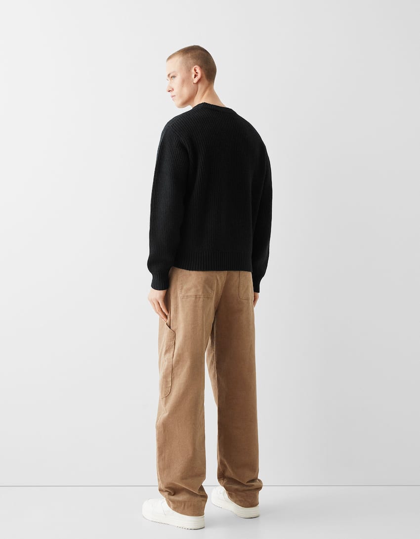 Textured crew neck wool blend sweater-Black-1