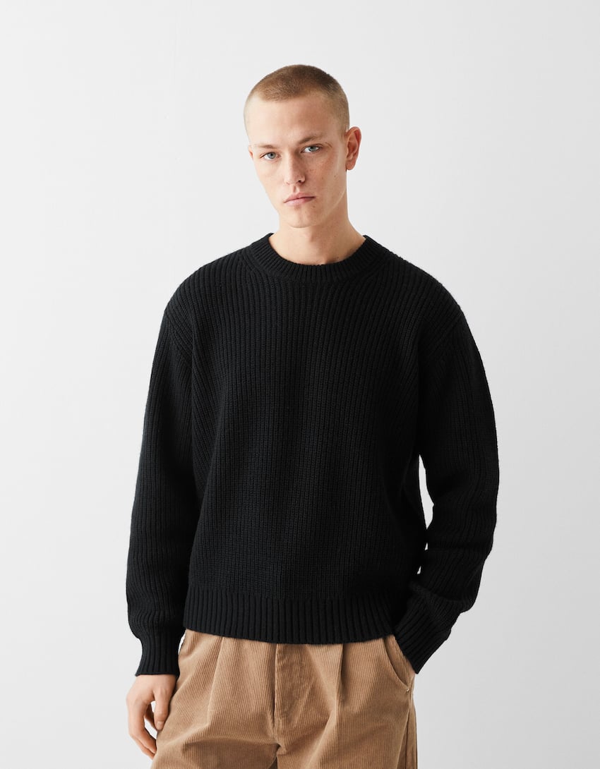Textured crew neck wool blend sweater-Black-0
