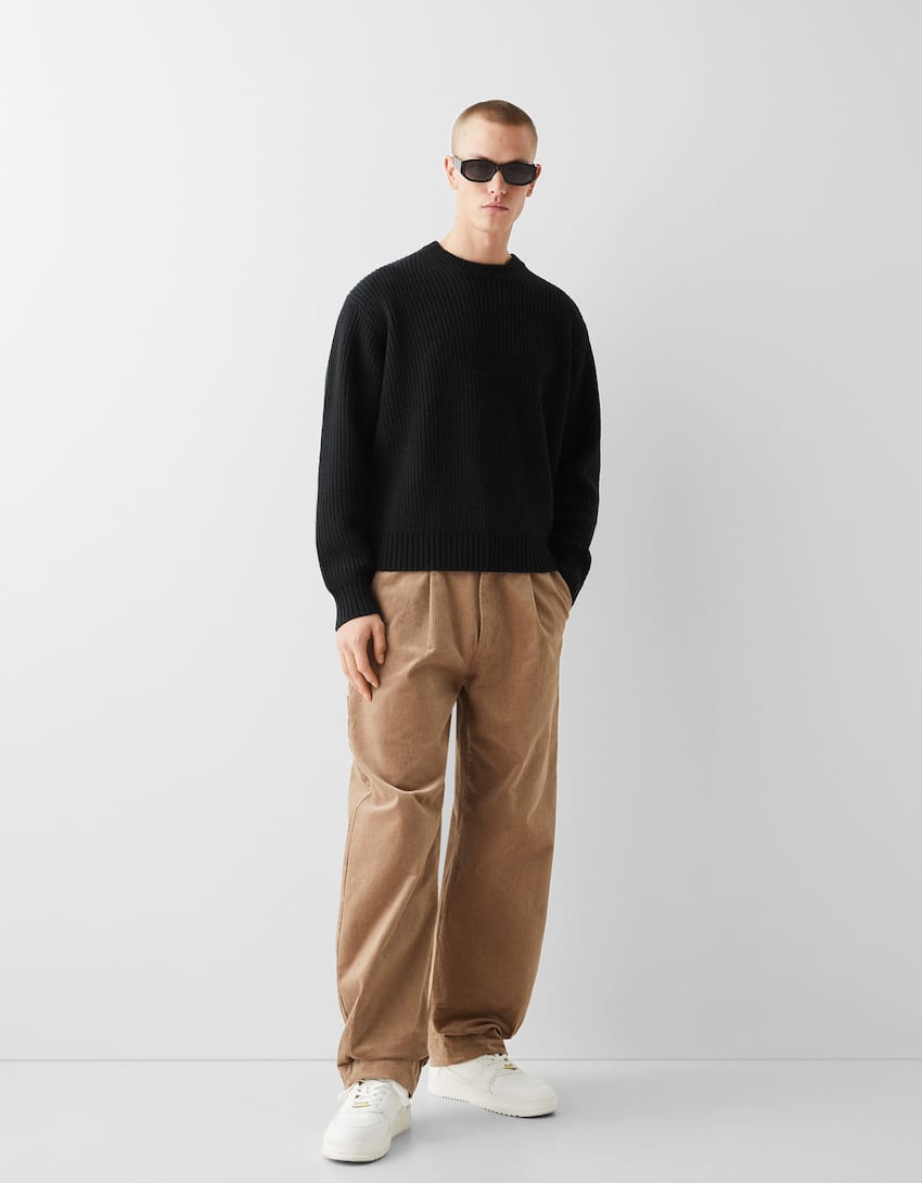 Textured crew neck wool blend sweater-Black-3