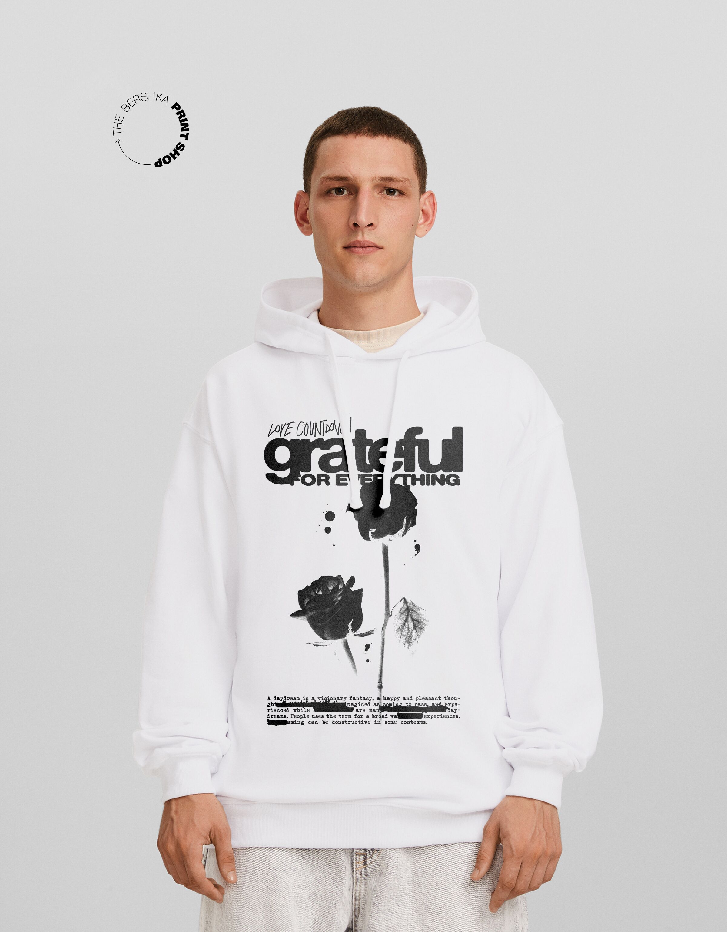 White hoodie store with print