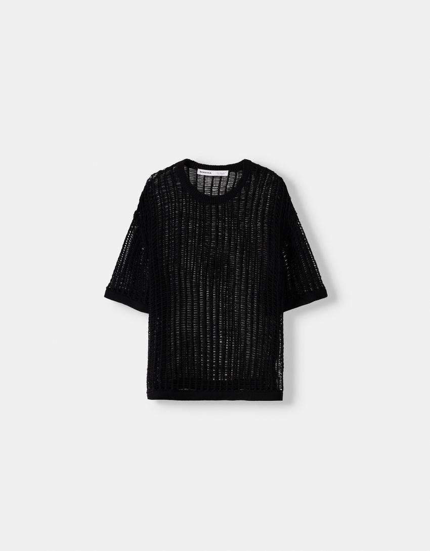 T-shirt manches courtes texture ajours-Noir-5