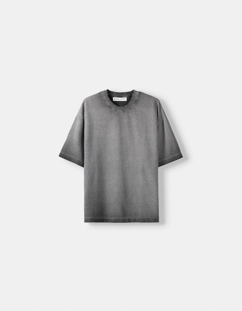 T-shirt de manga curta em efeito lavado-Cinza-4