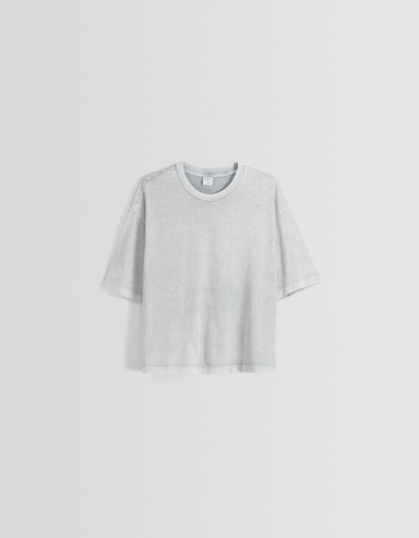Short sleeve faded cropped boxy fit T-shirt-Grey-4