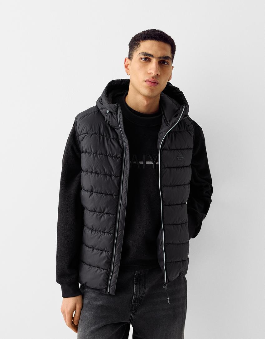 Gilet matelassé léger sans manches capuche-Noir-0