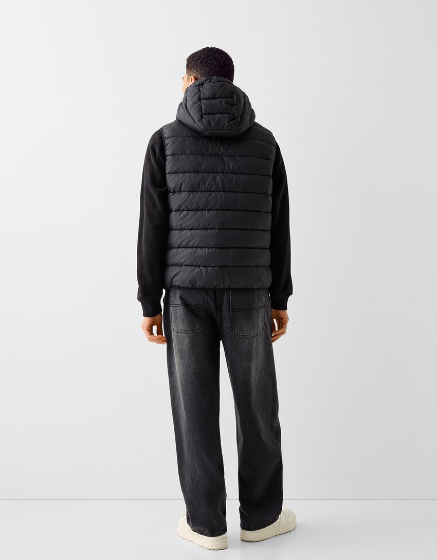 Gilet matelassé léger sans manches capuche-Noir-1