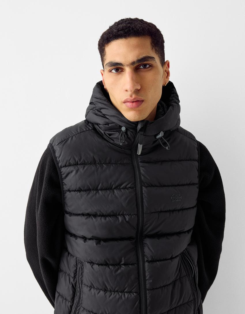 Gilet matelassé léger sans manches capuche-Noir-2