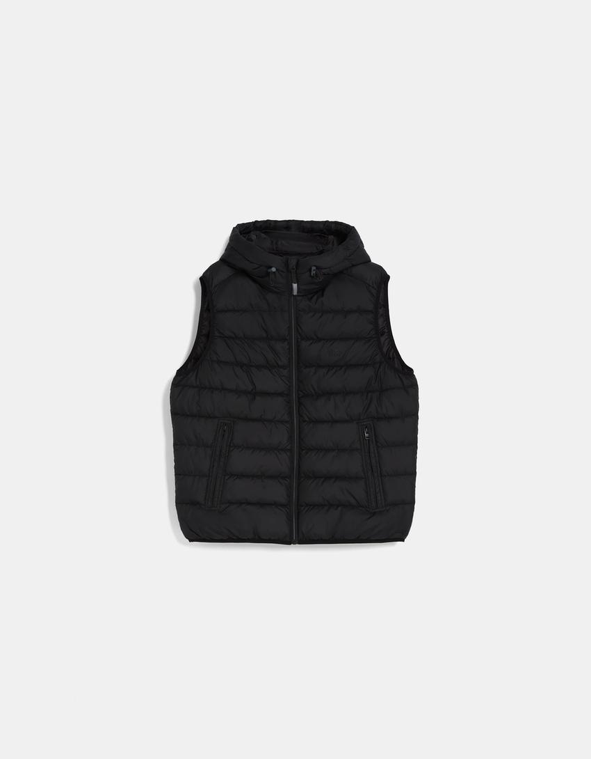 Gilet matelassé léger sans manches capuche-Noir-4