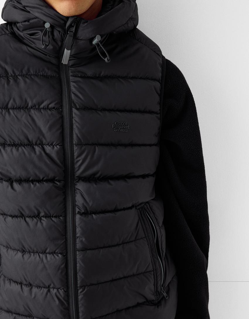 Gilet matelassé léger sans manches capuche-Noir-5
