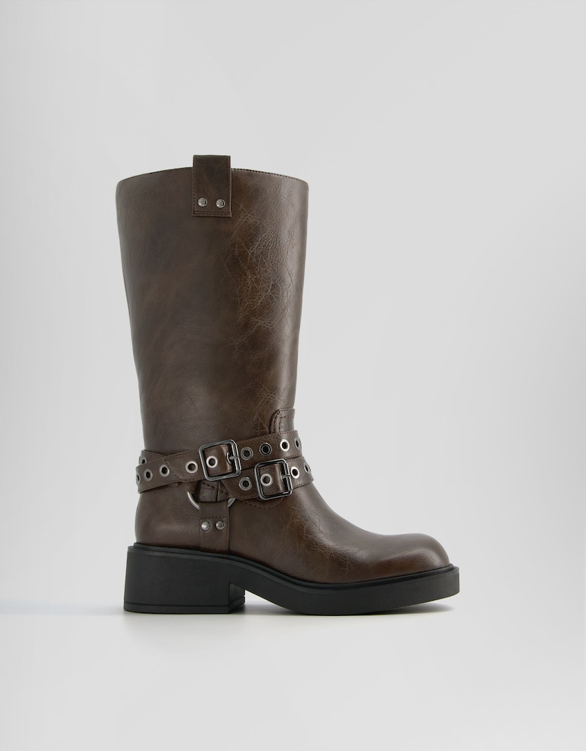 Biker boots with buckles and eyelets - Women | Bershka