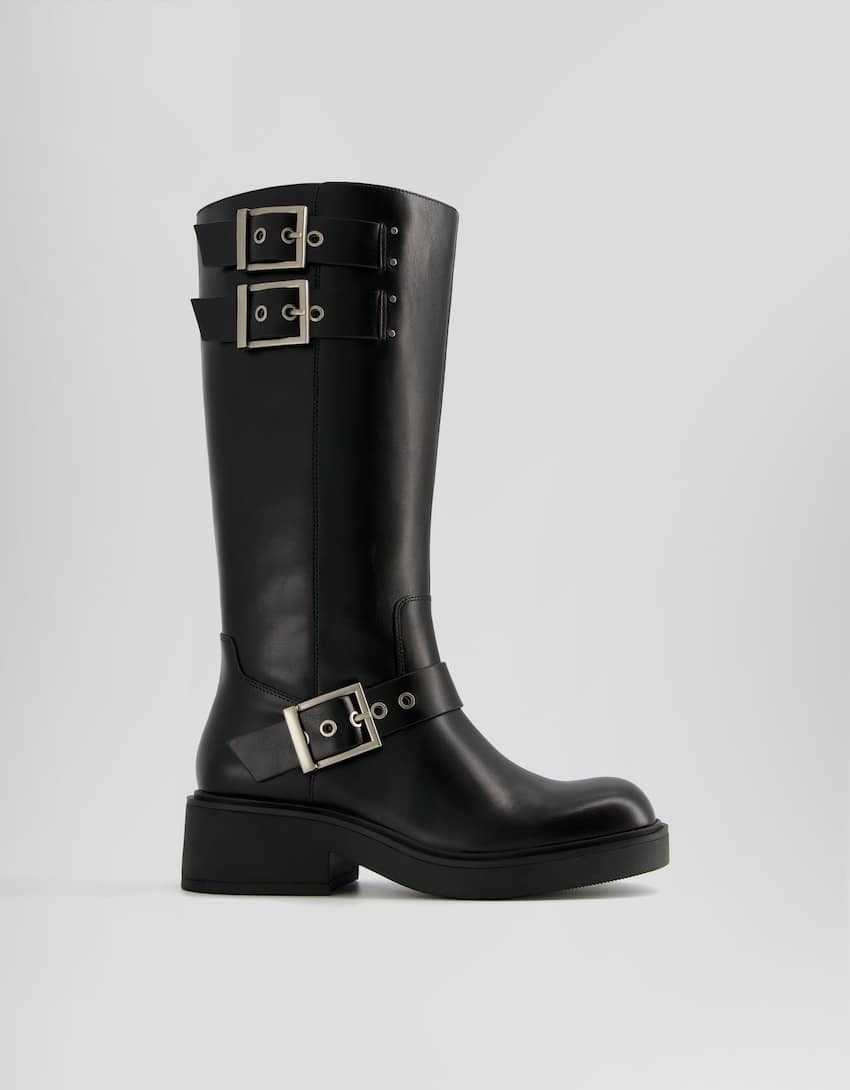 Flat boots with buckles-BLACK-5