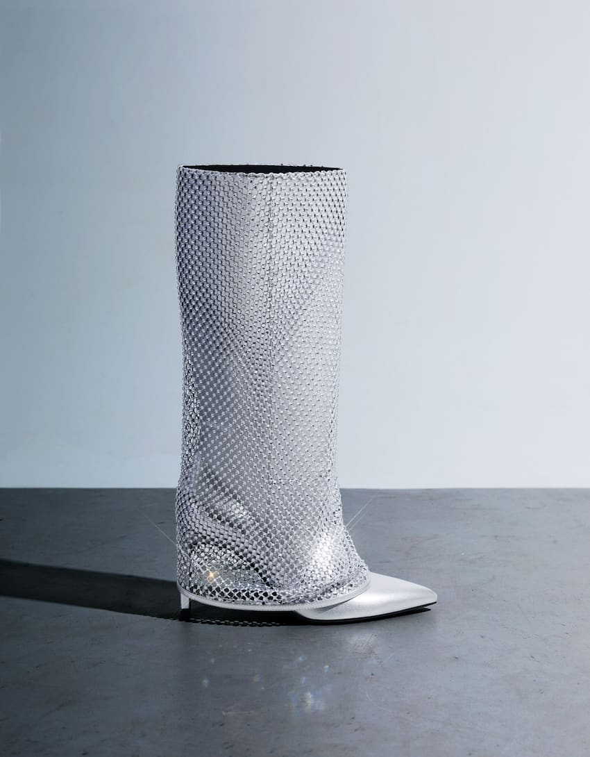 Metallic high-heel foldover boots with rhinestones-SILVER-4