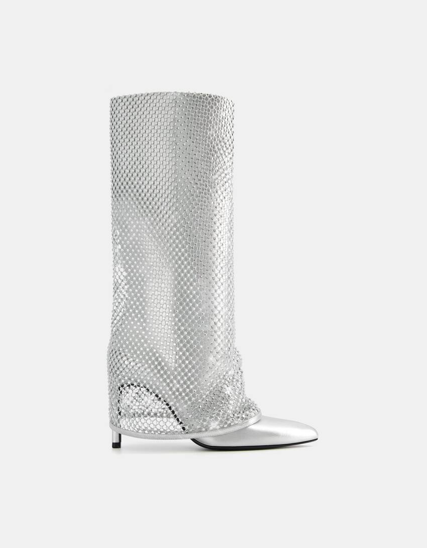 Metallic high-heel foldover boots with rhinestones-SILVER-6
