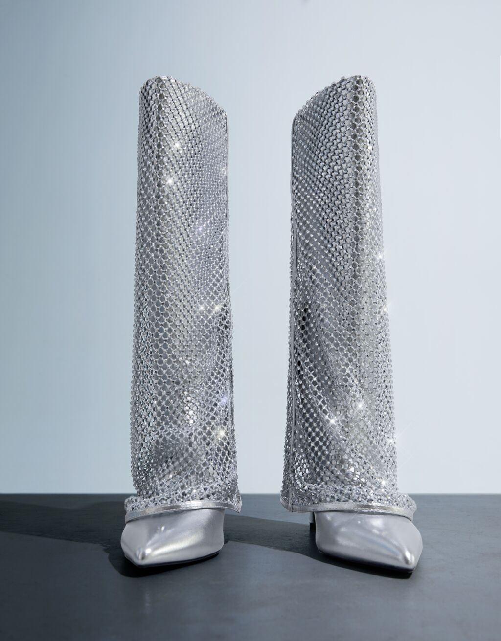 Metallic highheel foldover boots with rhinestones Women Bershka