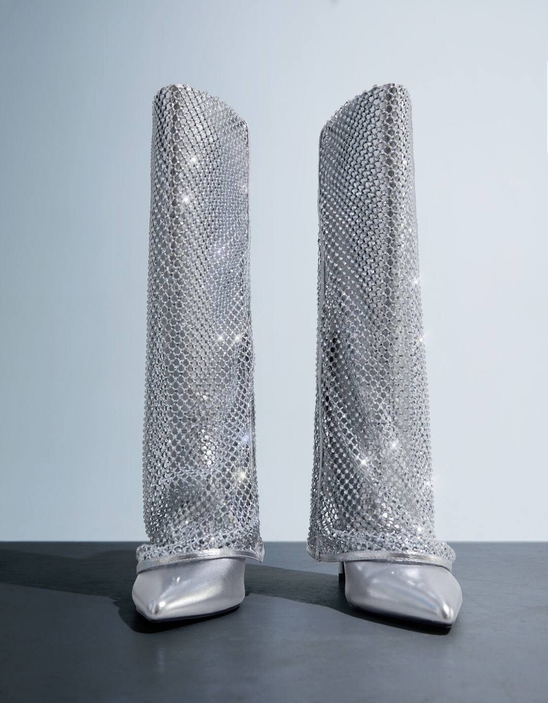 Metallic high-heel foldover boots with rhinestones