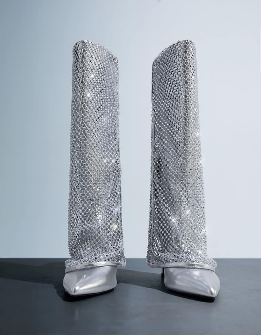 Metallic high-heel foldover boots with rhinestones-SILVER-3