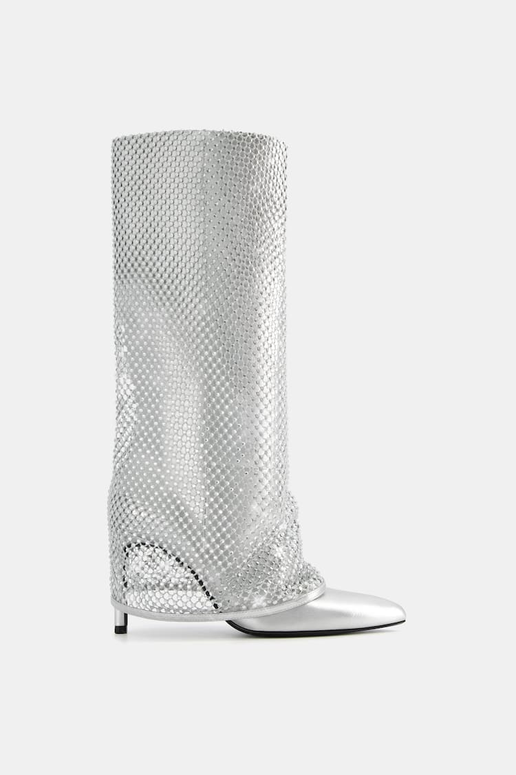 Metallic high-heel foldover boots with rhinestones