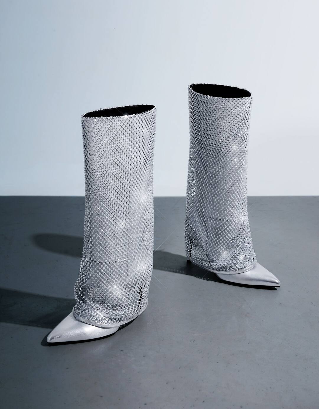 Metallic high-heel foldover boots with rhinestones