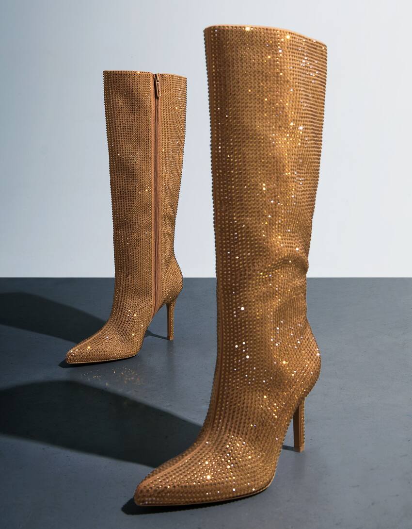High-heel boots with rhinestones-Bronze-2