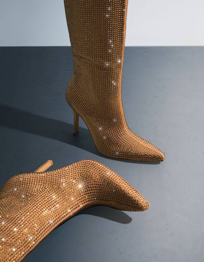 High-heel boots with rhinestones-Bronze-3