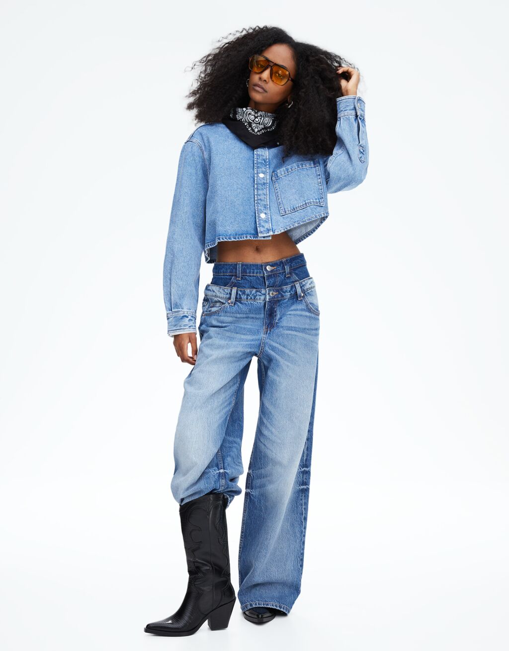 Contrast embroidered high-heel cowboy boots-BLACK-1