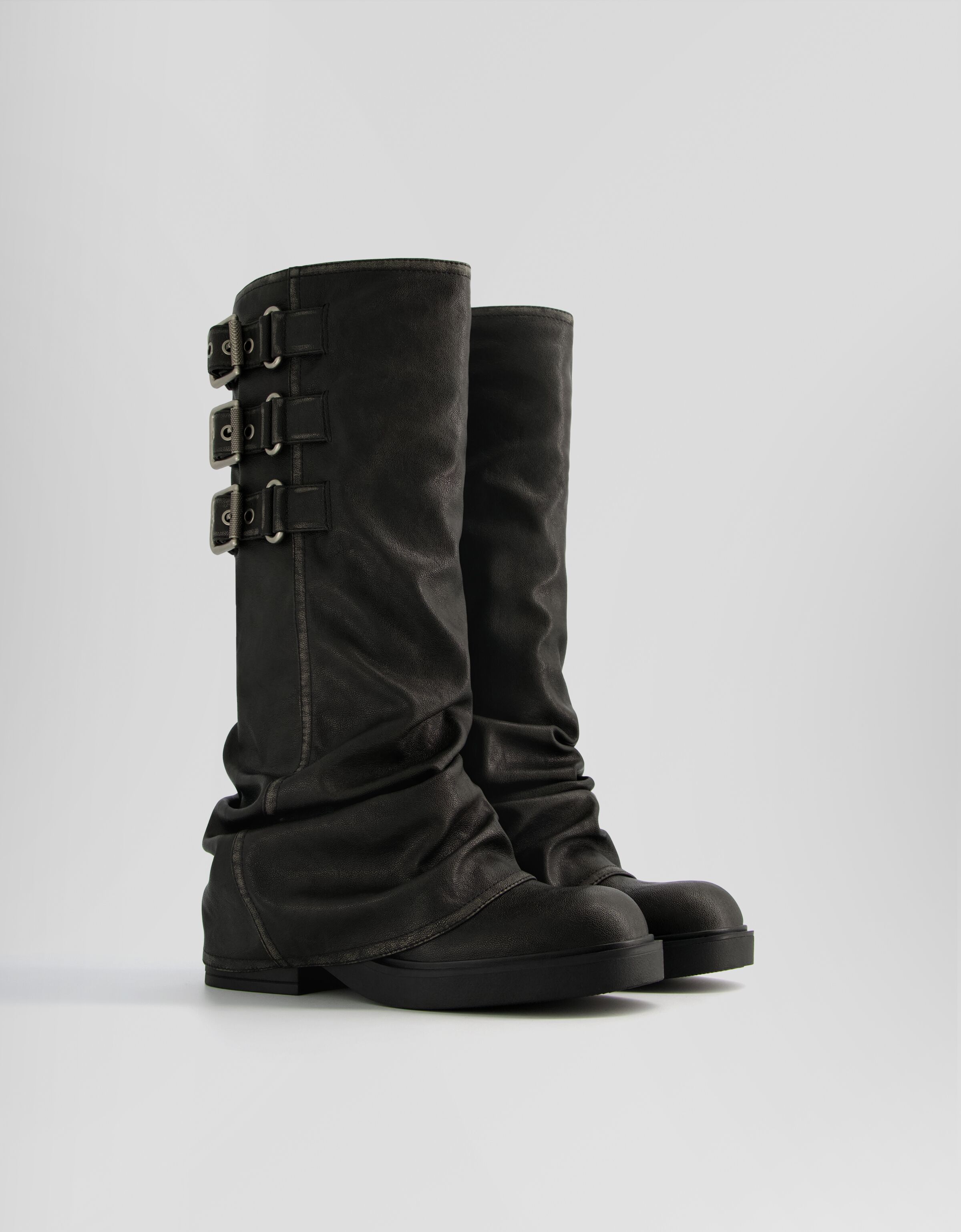 Flat slouchy biker boots with buckles Shoes Women Bershka