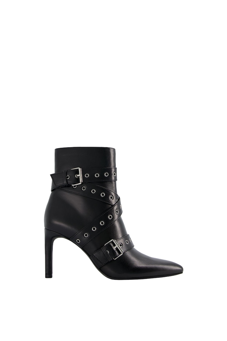 Stiletto-heel ankle boots with straps with studs and buckles