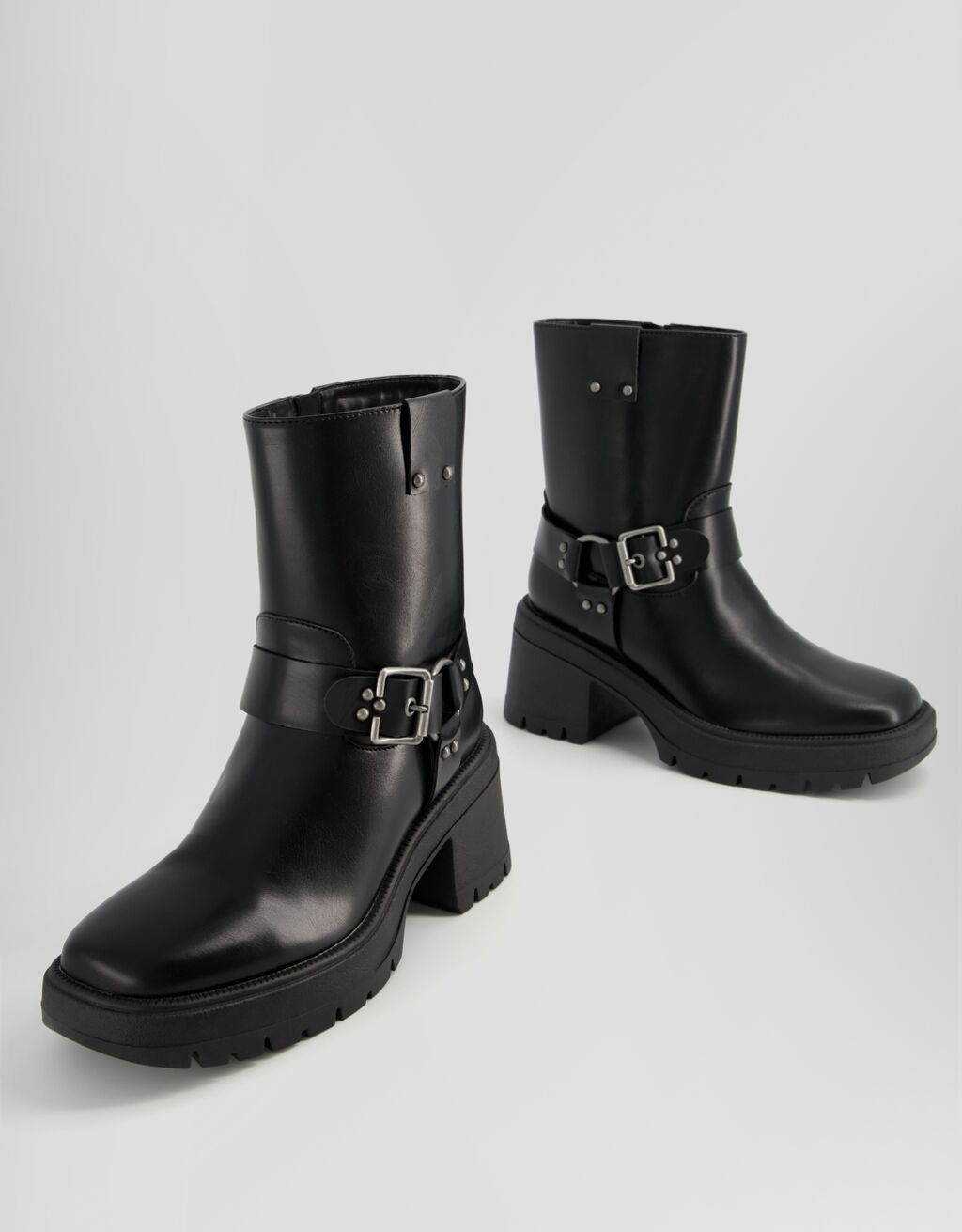 Heeled biker ankle boots with buckles-BLACK-3