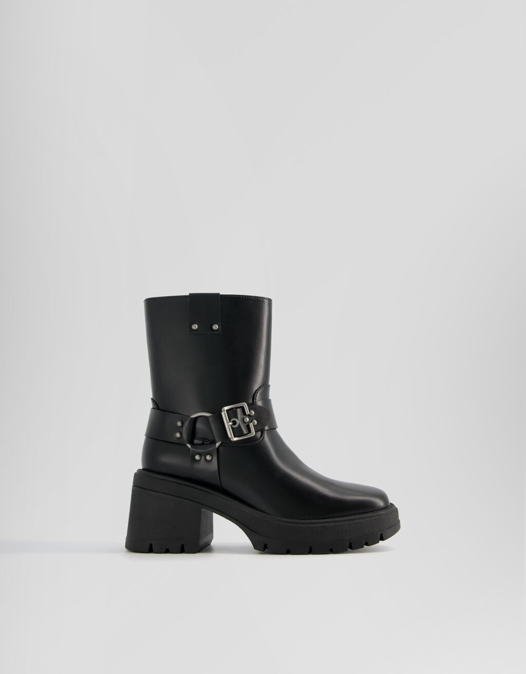 Heeled biker ankle boots with buckles-BLACK-5