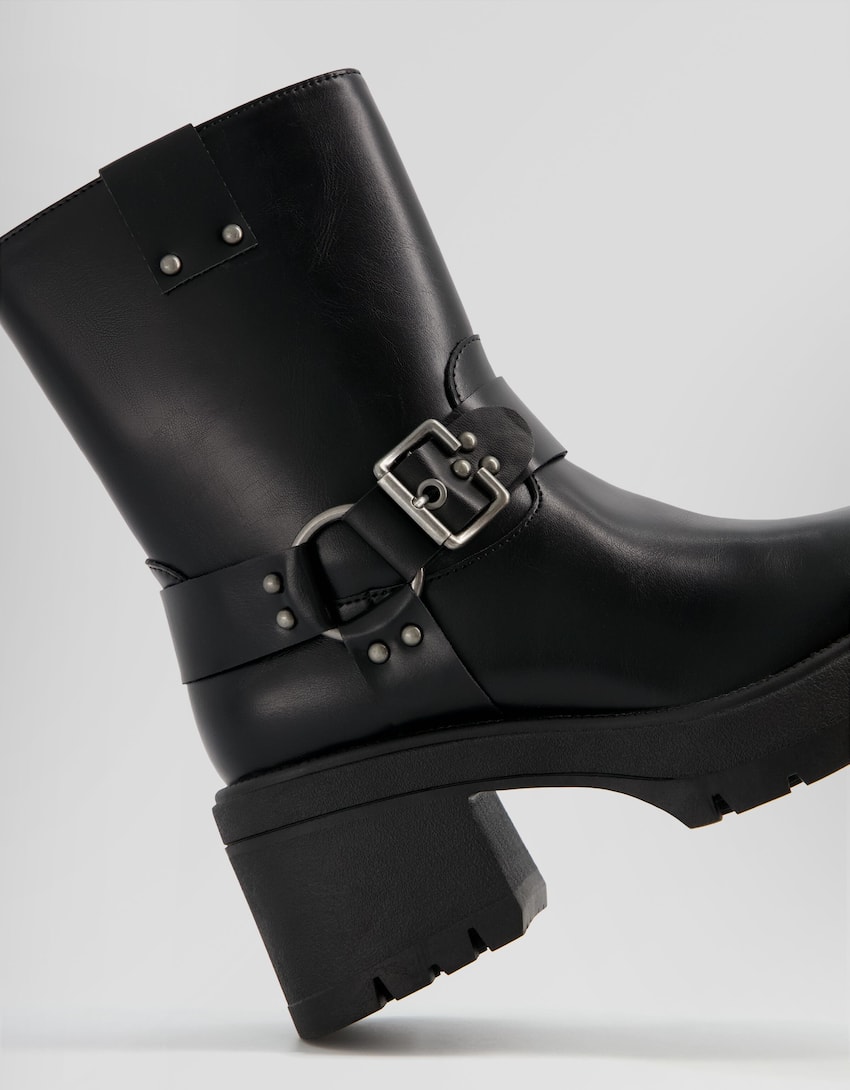 Heeled biker ankle boots with buckles-BLACK-2