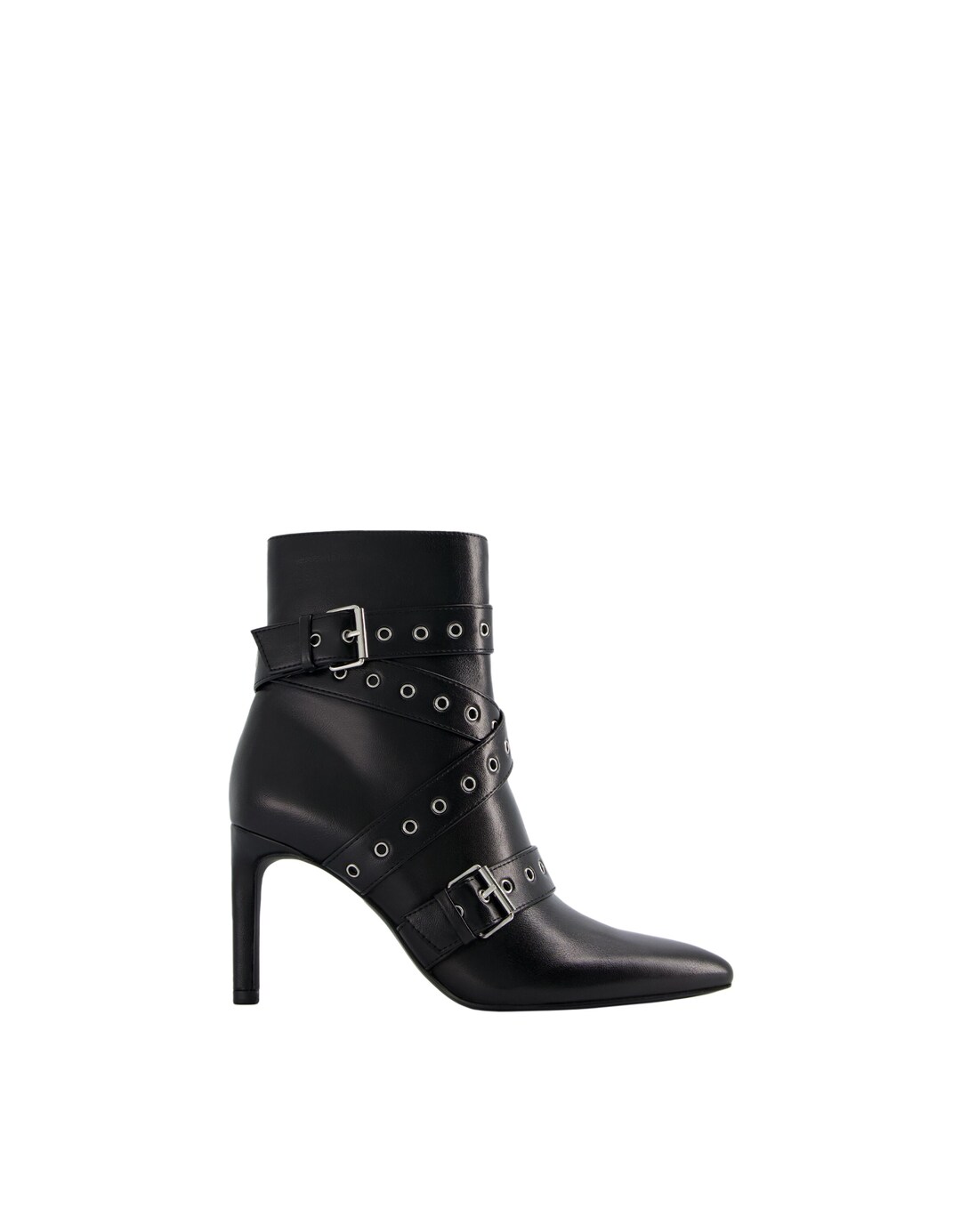 Stiletto-heel ankle boots with straps with eyelets and buckles