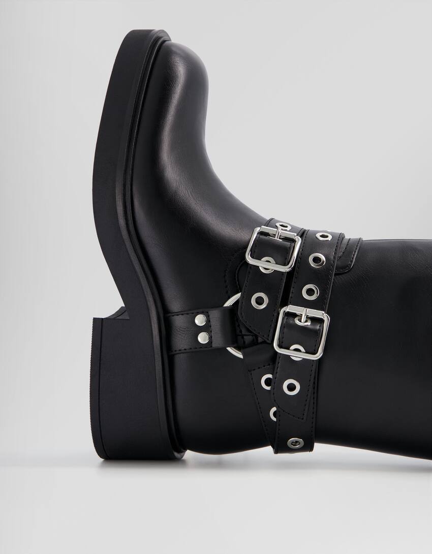 Biker ankle boots with buckle details-BLACK-6