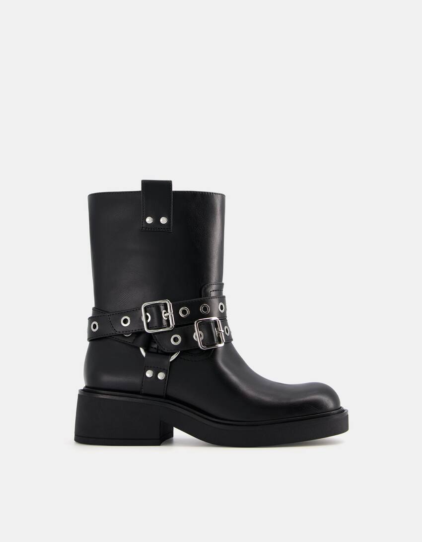 Biker ankle boots with buckle details-BLACK-7