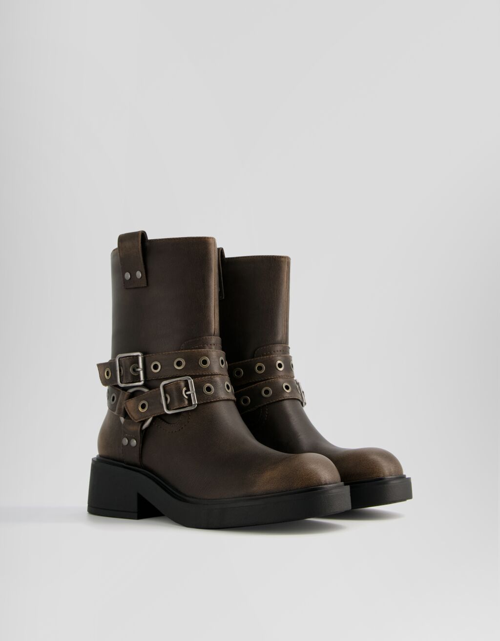 Biker ankle boots with buckle details-Brown-0