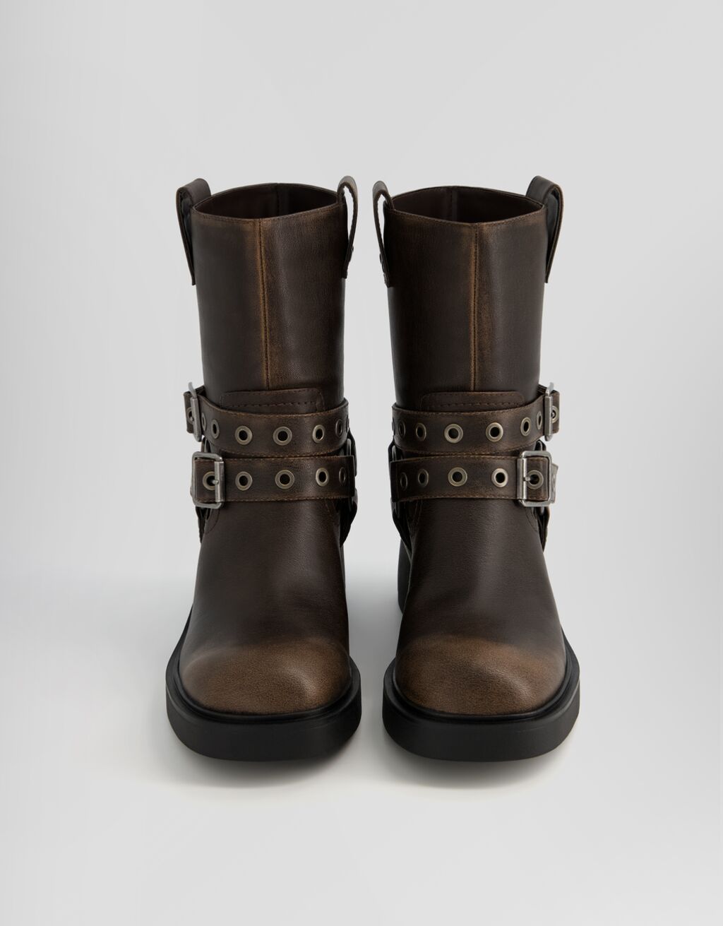 Biker ankle boots with buckle details-Brown-3