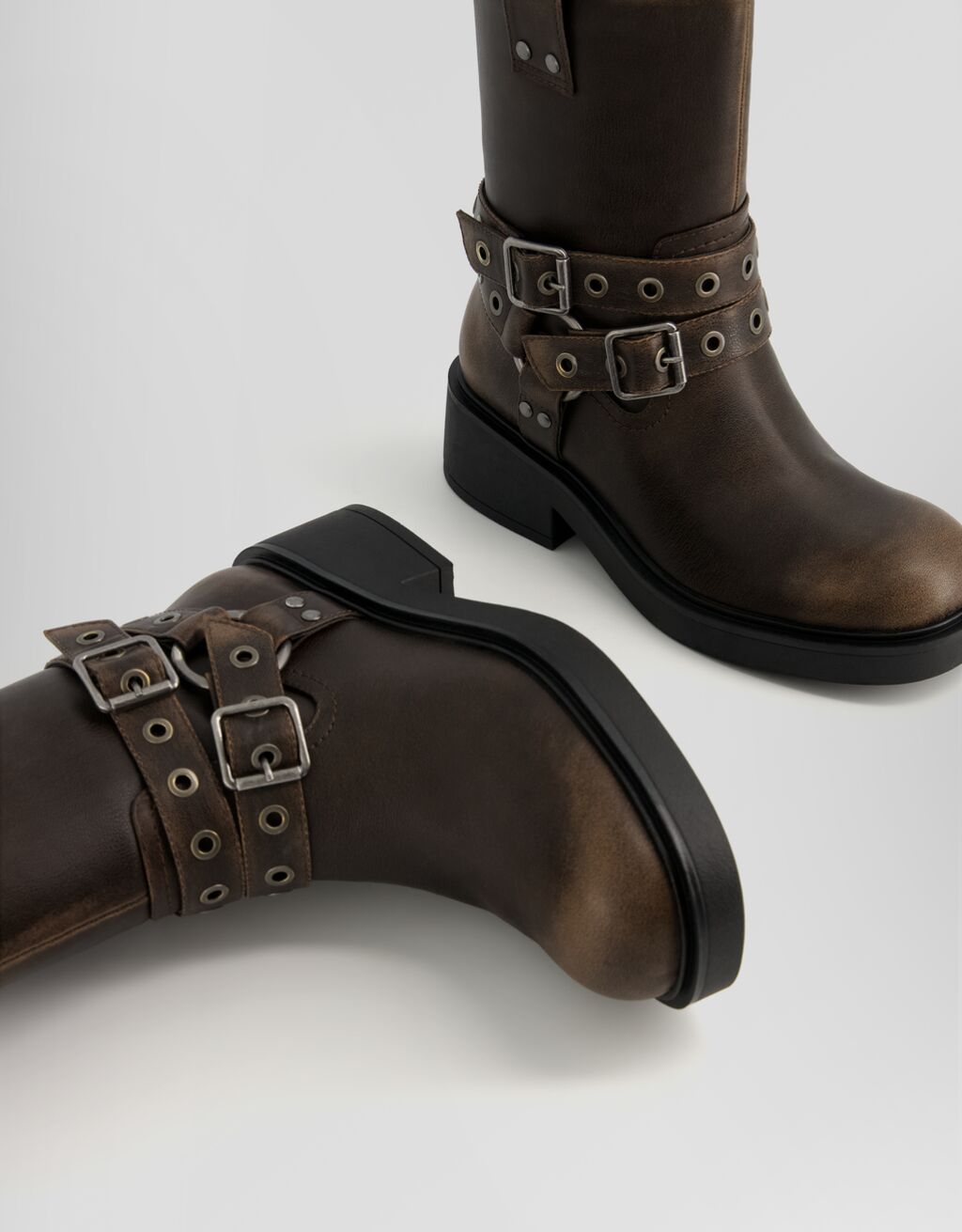 Biker ankle boots with buckle details-Brown-4