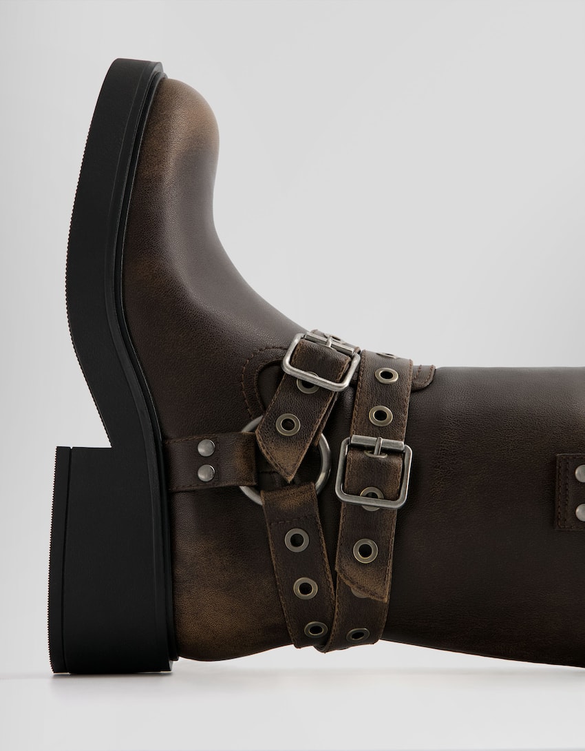 Biker ankle boots with buckle details-Brown-2