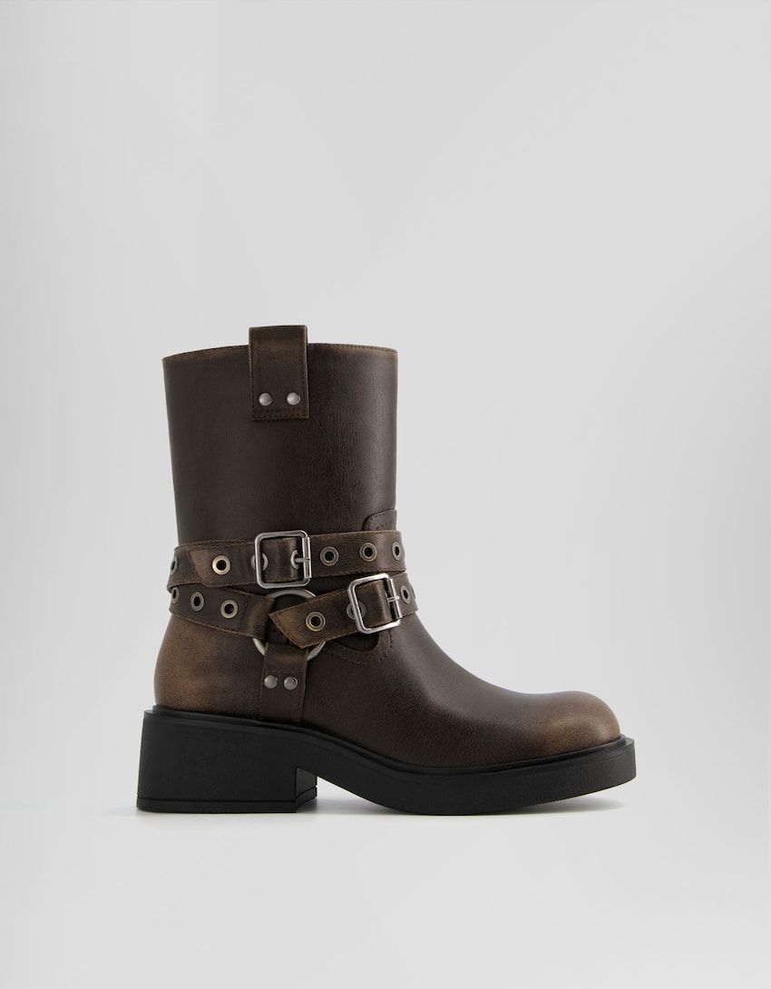Biker ankle boots with buckle details-Brown-5