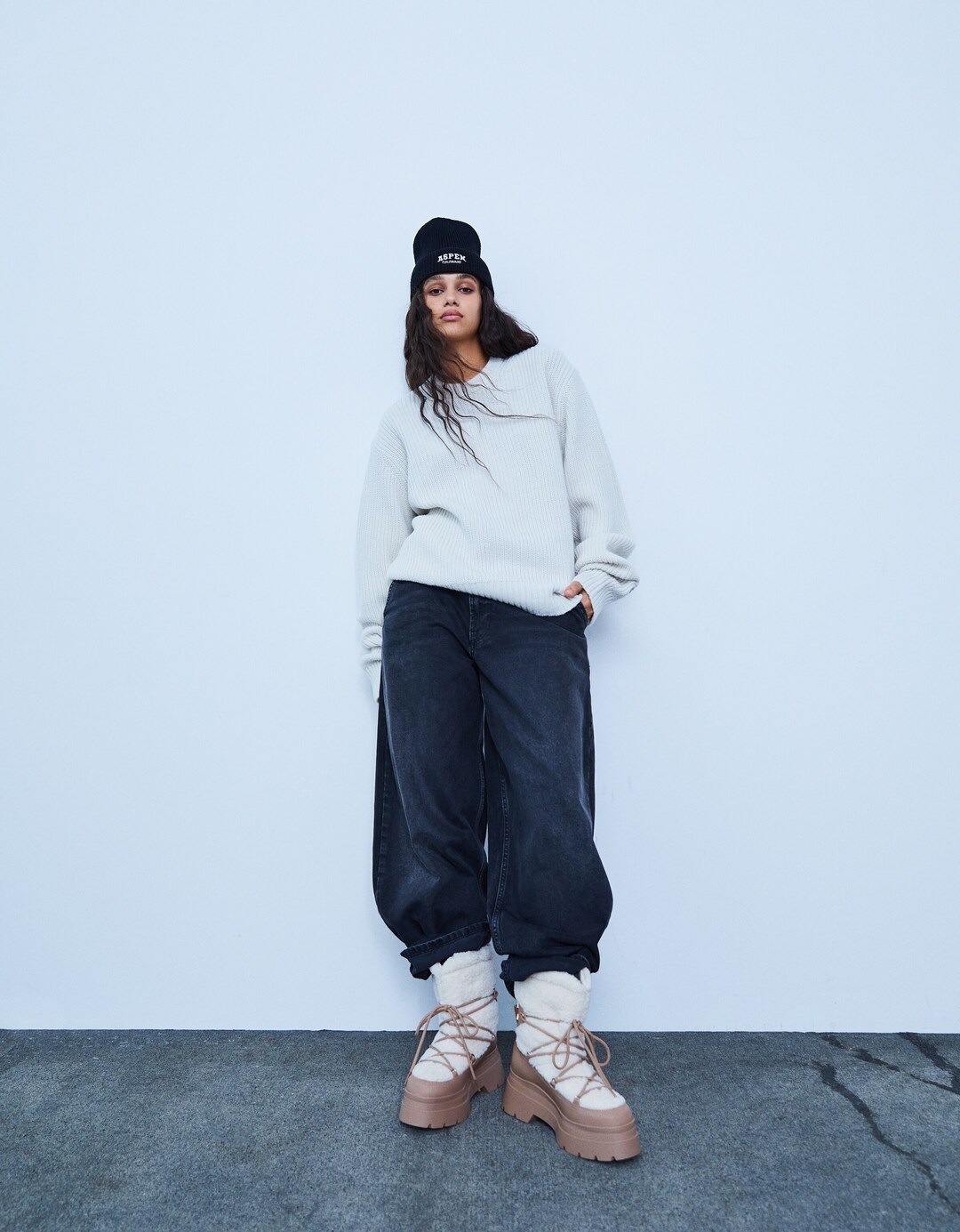 Contrast faux shearling ankle boots with lace-up detail