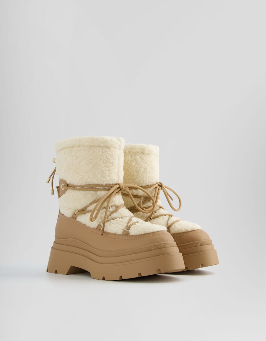 Contrast faux shearling ankle boots with lace-up detail-Multicolored-0