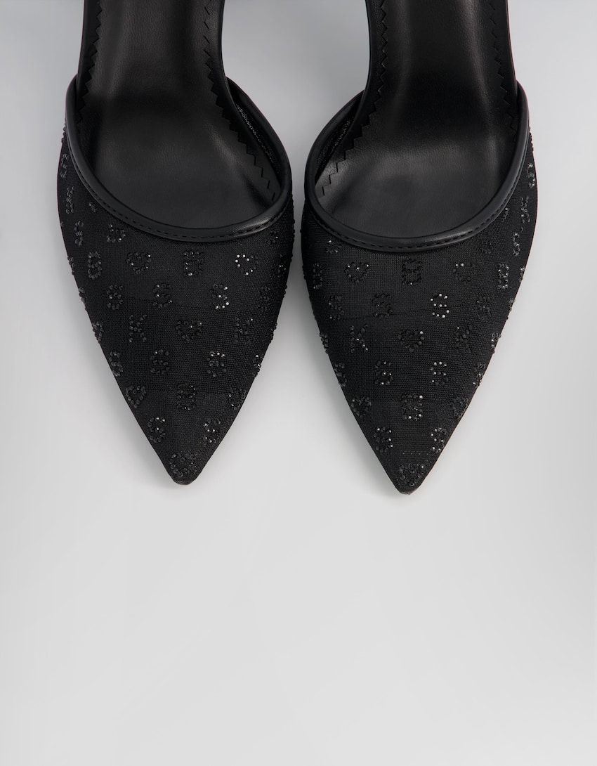 Sapato alto brilho pulseiras com fivelas em forma de coração-Preto-2