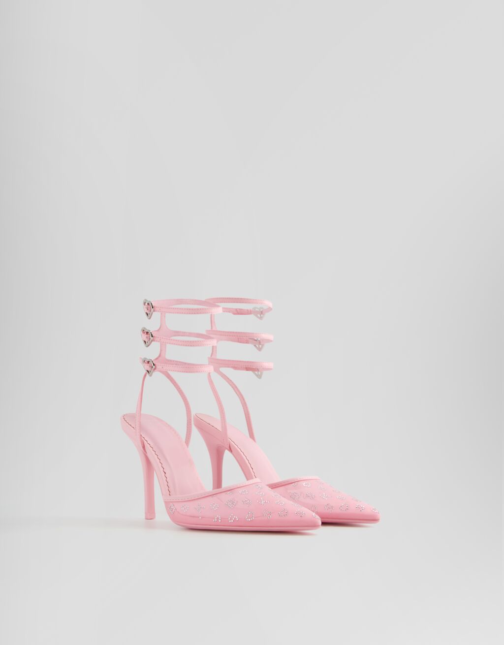 Shiny high-heel shoes with ankle straps and heart-shaped buckles.-Pink-0