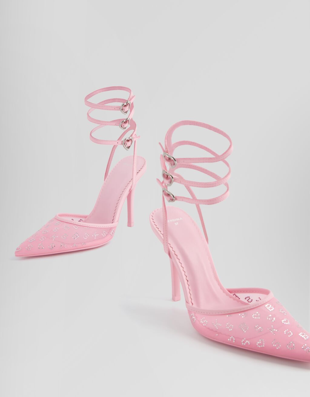 Shiny high-heel shoes with ankle straps and heart-shaped buckles.-Pink-3