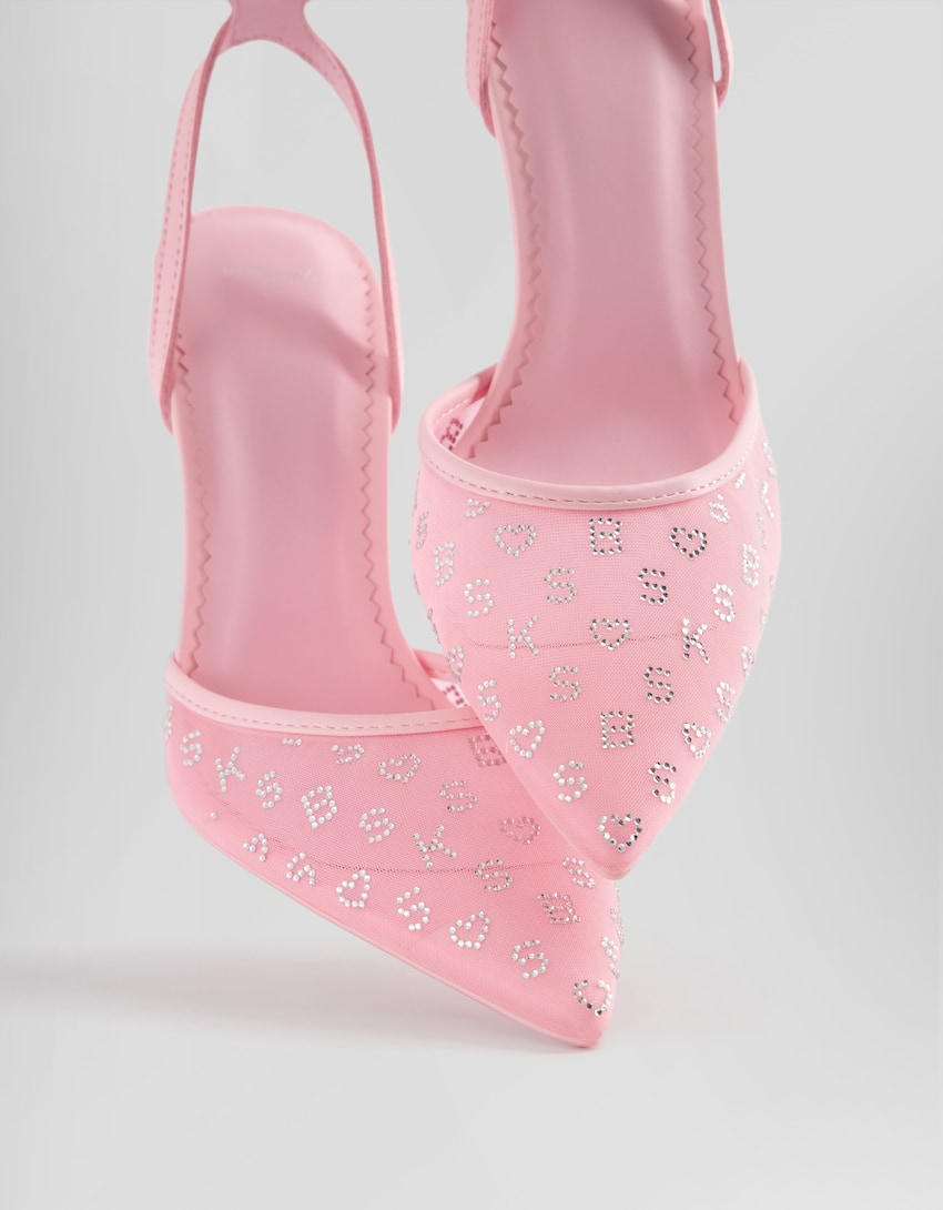 Shiny high-heel shoes with ankle straps and heart-shaped buckles.-Pink-2