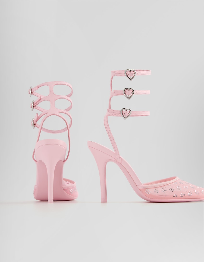 Sapato alto brilho pulseiras com fivelas em forma de coração-Rosa-4