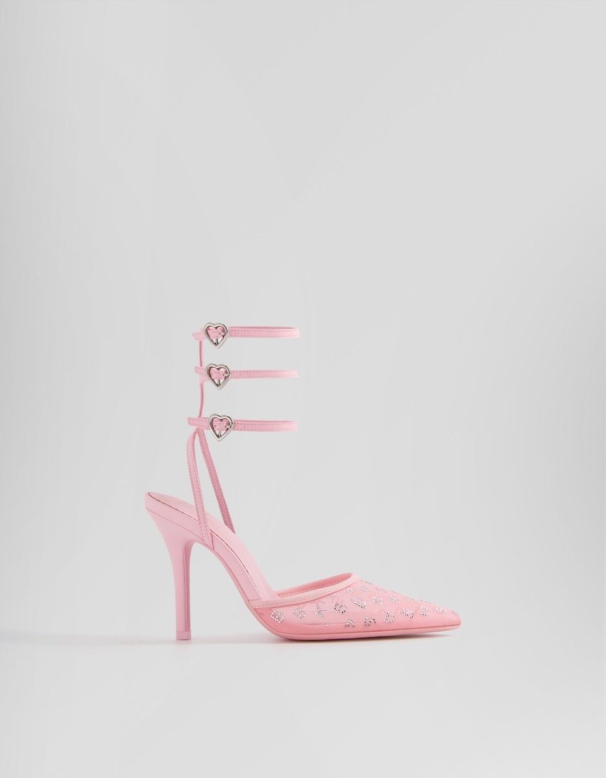 Scarpe con tacco con strass e cinturini con fibbie a forma di cuore-Rosa-5