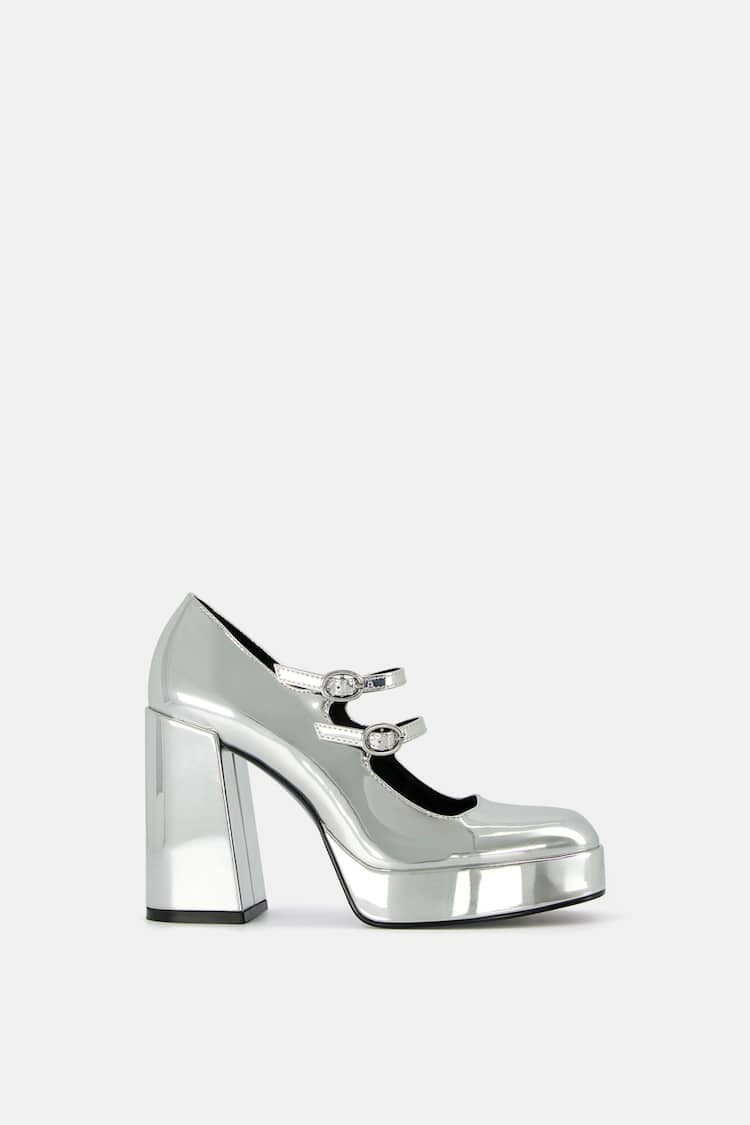 Platform heel shoes with metallic ankle strap
