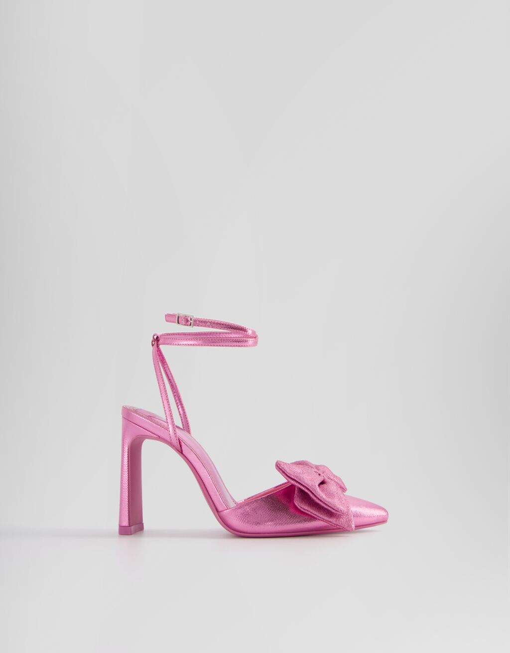 Shiny high-heel shoes with ankle strap and bow-Pink-5